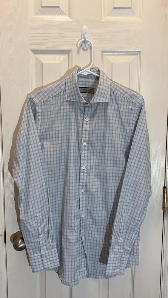 Canali Italian Men's Blue‎ & Grey Plaid Long Sleeve Button-Up Shirt, Size S